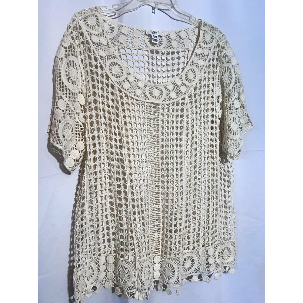 Cato Woman Beige Crochet Sheer Lightweight Scoop Neck Tunic Top Size 26 Plus